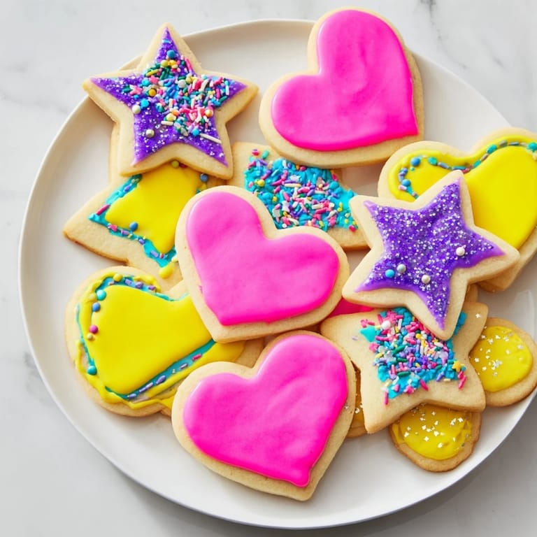 Brightly colored Princess Palace Heart & Star Treat sugar cookies, a perfect treat for celebrations.