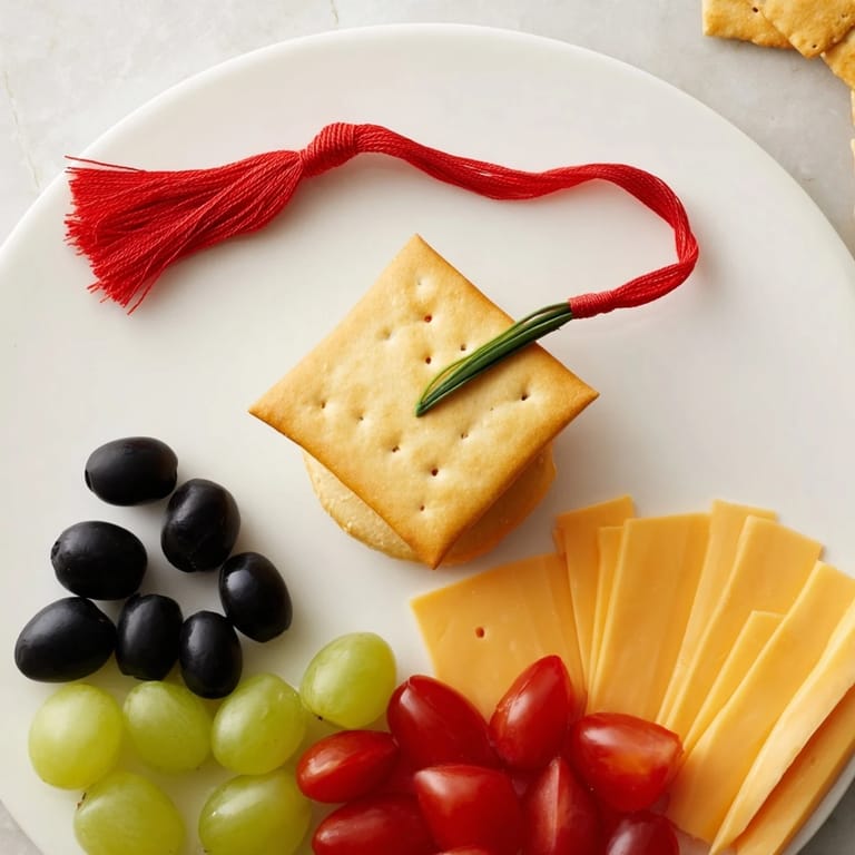 Artfully arranged Graduation Cap Platter, featuring Gouda cubes and fresh grapes for a party treat.