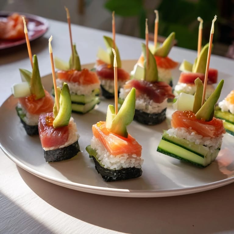 Colorful sushi sailboats, a playful Japanese appetizer served with wasabi and soy sauce.