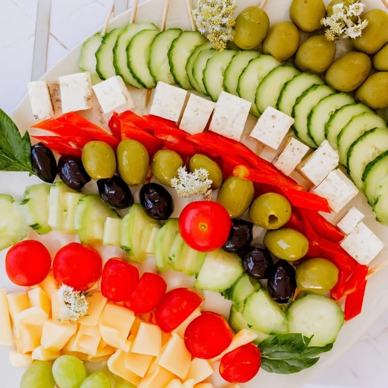 This Mediterranean Colombe de la Paix olive platter features assorted olives, cheeses, and fresh vegetables ready for dipping.