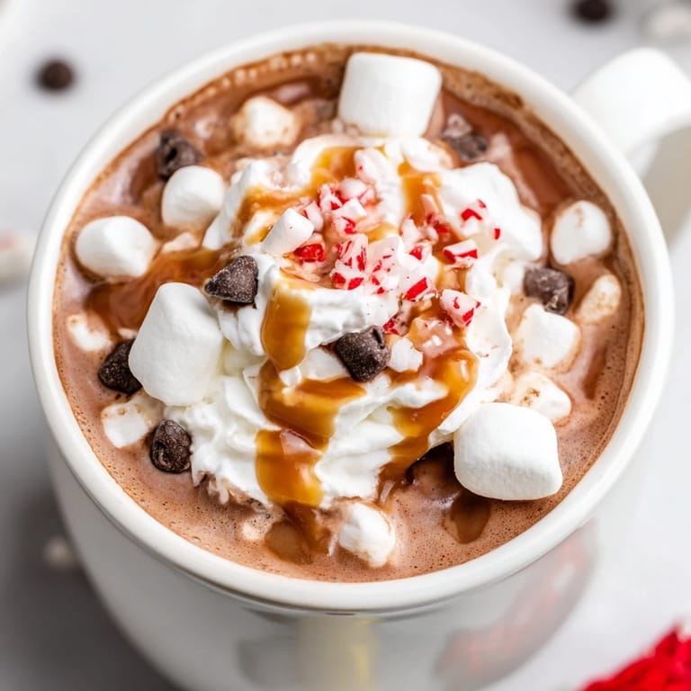 A close-up of a festive Reindeer Hot Cocoa Bar, showcasing whipped cream and candy cane garnishes.
