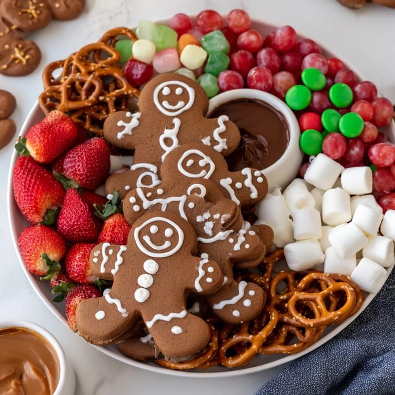 Delicious gingerbread man cookies arranged artfully on a platter with chocolate dipped pretzels and fruit.