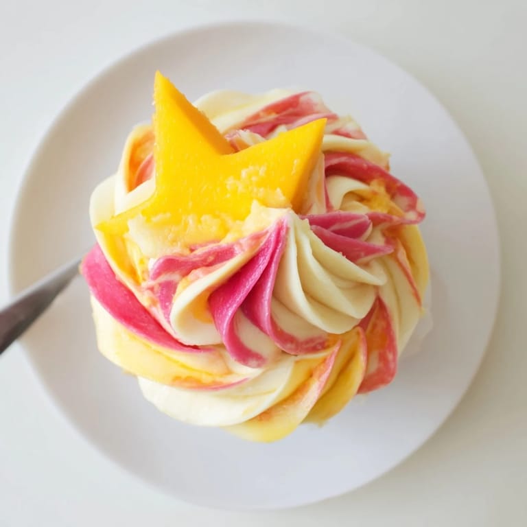 Close-up of freshly baked Mango Strawberry Sunset Cupcakes, offering a burst of sweet, fruity flavors.