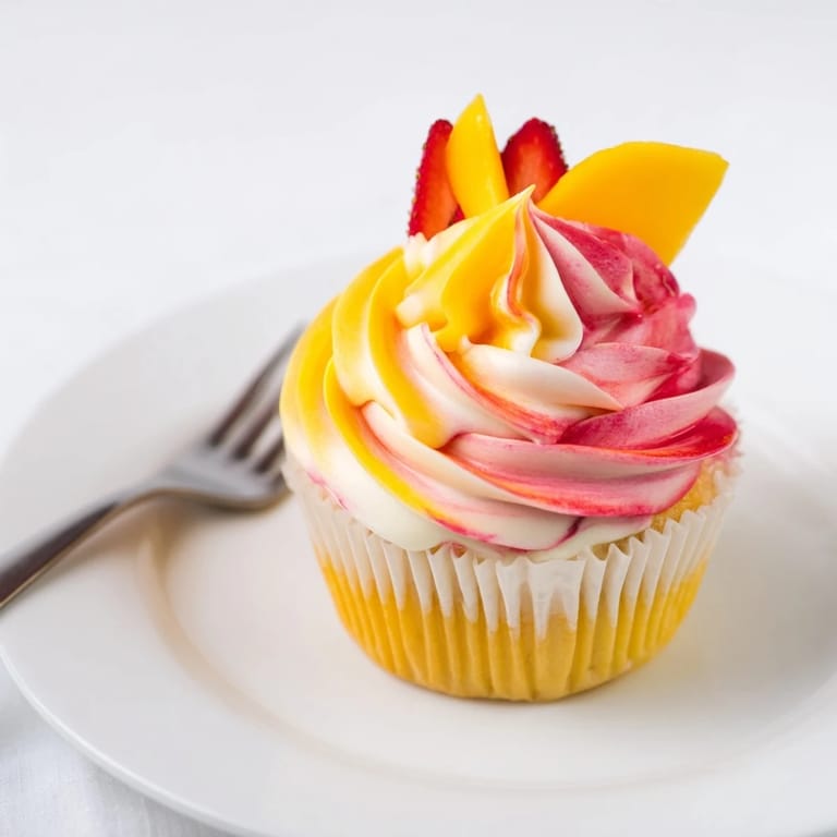 Fluffy Mango Strawberry Sunset Cupcakes crowned with sunset-colored buttercream and fresh fruit garnishes.