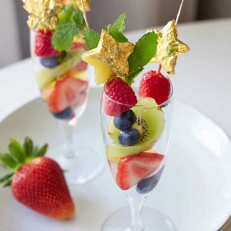Fresh fruit champagne flute garnishes, including raspberries and blueberries, ready to elegantly rim each glass.