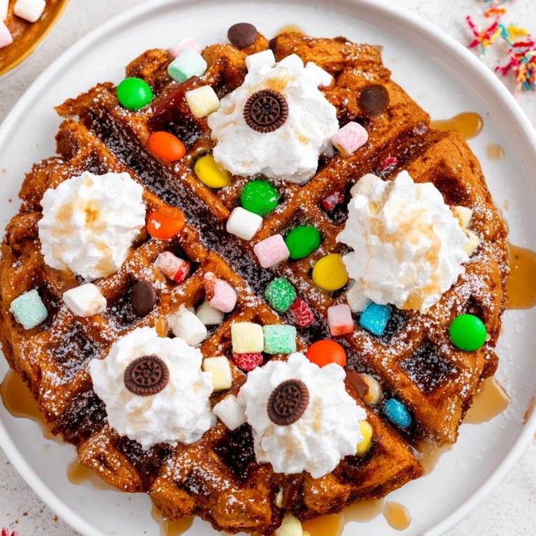 A festive Gingerbread House Waffle Bar with whipped cream and assorted toppings, ideal for a holiday breakfast.