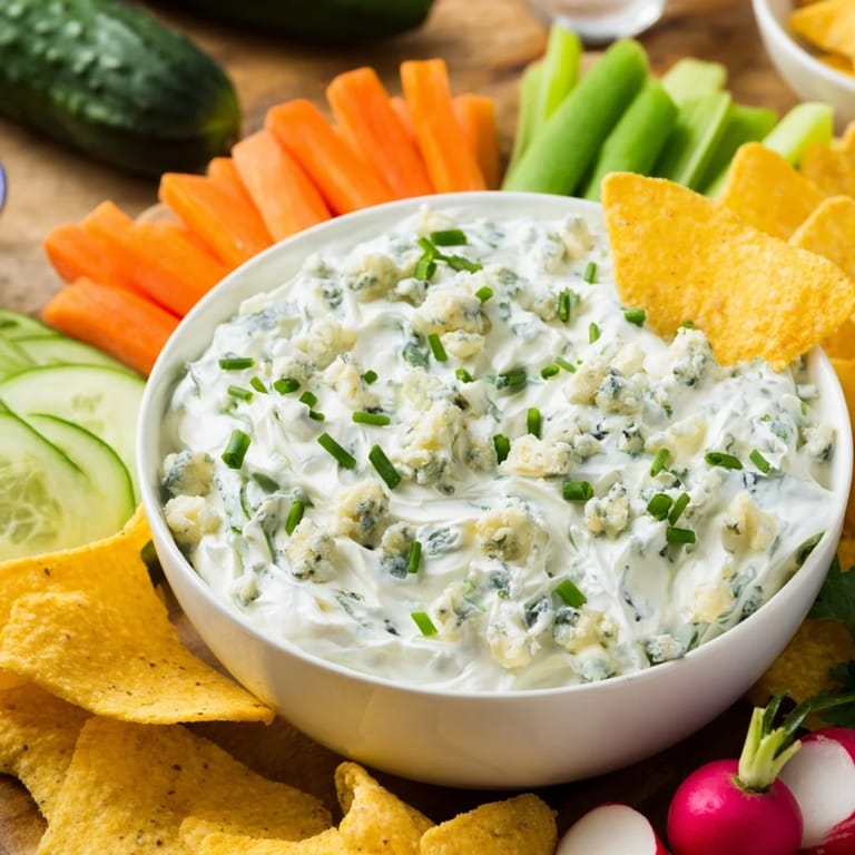 This Frozen Pond Blue Dip Platter presents a beautifully arranged party food with crisp vegetables and chips.