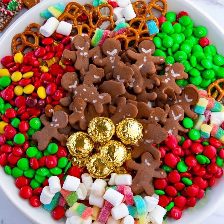 An overflowing, festive Santa's Sack Candy Avalanche featuring chocolates, cookies, and colorful candies for Christmas.