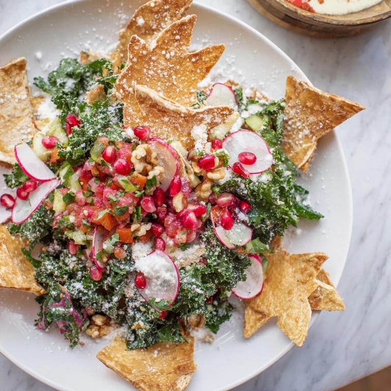 A beautiful Winter Salad with snowflake tortilla chips, boasting a colorful mix of seasonal ingredients.