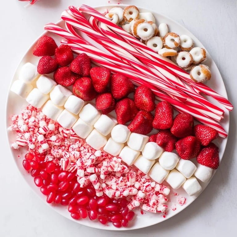 A beautiful Sweet Board featuring colorful candies, juicy strawberries, and creamy white chocolate pretzels.