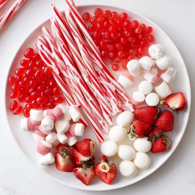 Holiday-ready Sweet Board full of candy canes and festive red and white sweets for everyone.