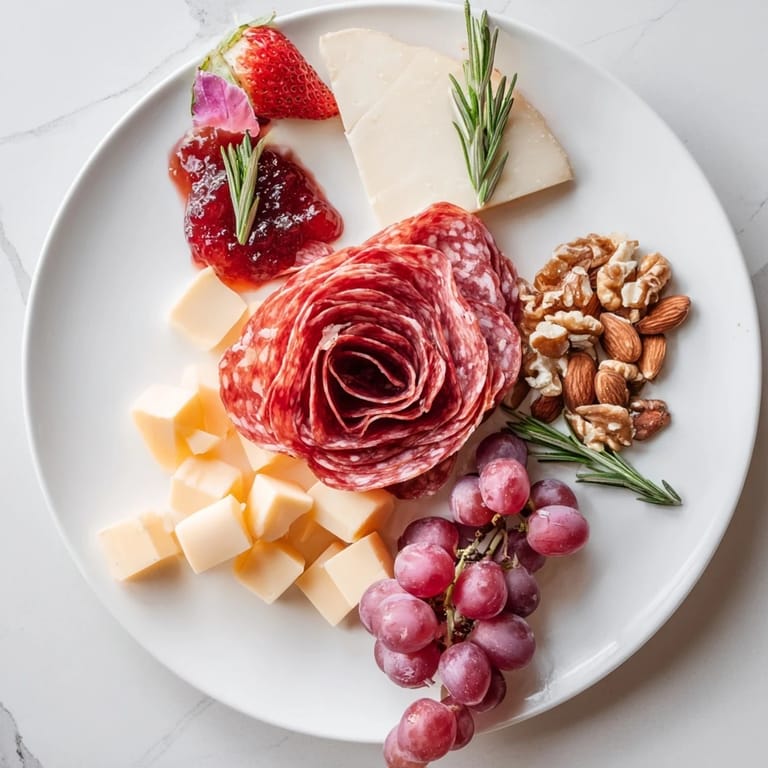Delectable close-up of an Easy Charcuterie: Salami Rose board, perfect for a quick snack or elegant appetizer.