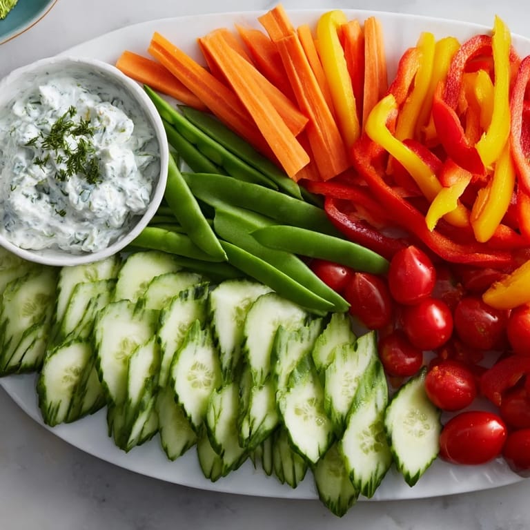 This elegant veggie platter showcases fresh, vibrant cucumbers and carrots with a zesty herb-infused dip for dipping.