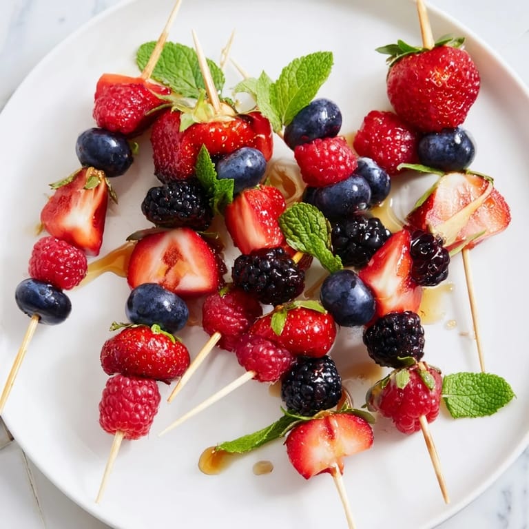 Simple berry and mint fruit skewers, a close-up of vibrant colors perfect for a warm day.