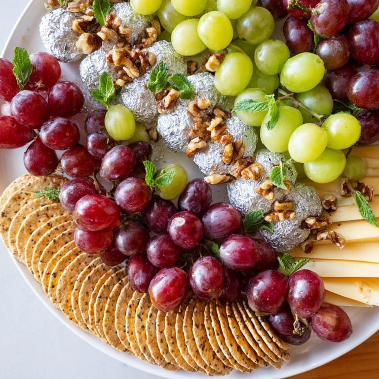 This Sparkling Grape and Silver Cracker platter displays a delightful mix of grapes and cheeses, ready to eat.