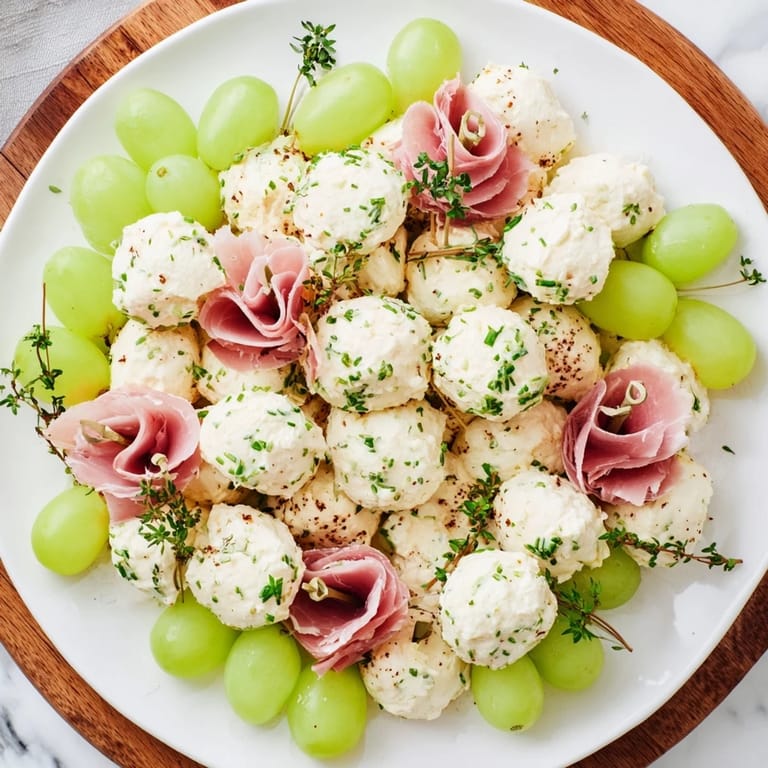 Fresh thyme and mint garnish the festive Mistletoe Kissing Ball, a delightful holiday appetizer.