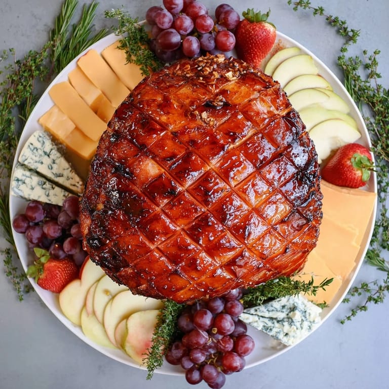 This close-up shows the centerpiece, a perfectly glazed ham on a festive charcuterie style board with fresh herbs.