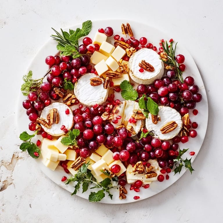 A beautiful platter displaying a The Holly Berry Cluster, featuring red berries, cheese, and greenery, ready to serve.