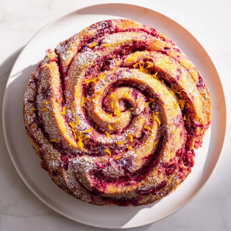 Warm, inviting image of a Cranberry Orange Swirl cake with a beautiful, glossy cranberry swirl topping.