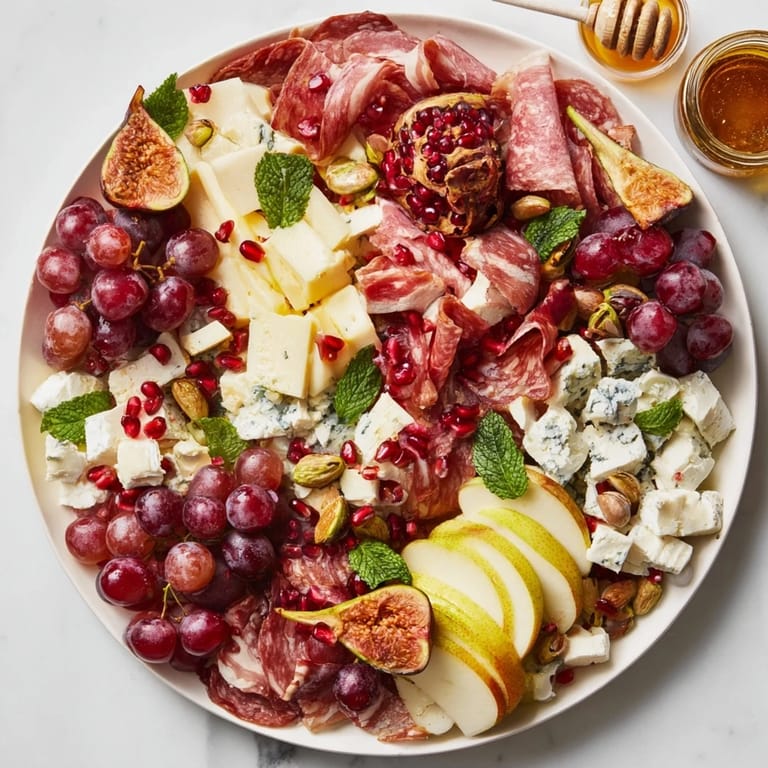Mediterranean-inspired Pomegranate Jewel Cascade with vibrant fruits, cheeses, and cured meats ready for serving family.
