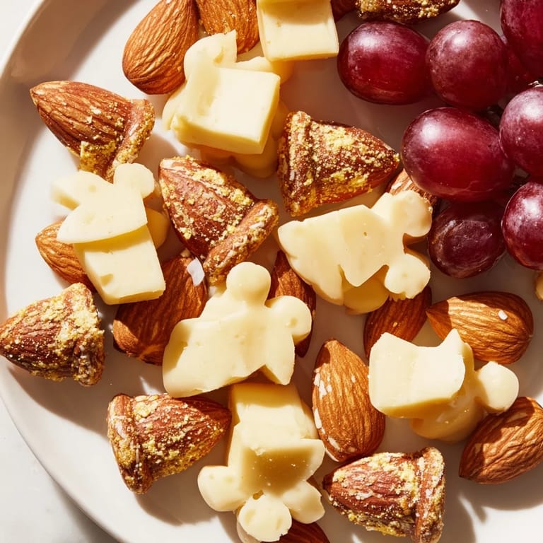 Elegant shot of a Gilded Acorn appetizer, showcasing cheese acorns and fruit alongside flavorful nuts.