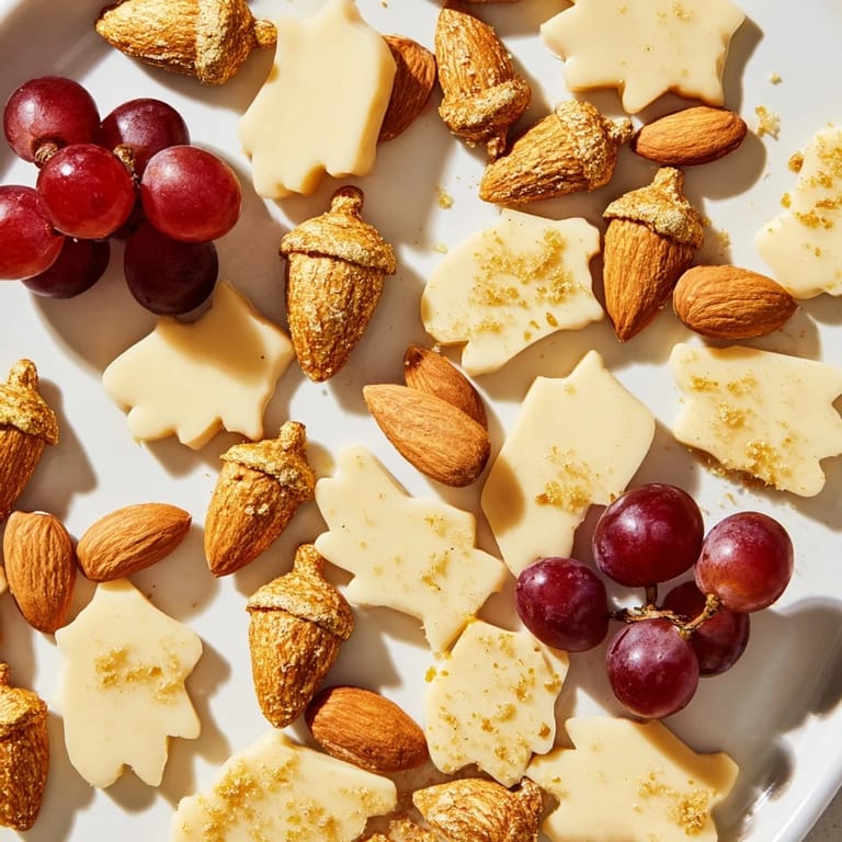 Gathering-ready Gilded Acorn board packed with cheeses, nuts and fruit, perfect for entertaining guests.