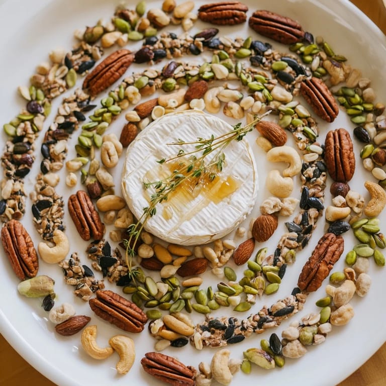 A beautiful, winding The Labyrinth grazing platter, featuring nuts, seeds, and soft cheese ready to serve.