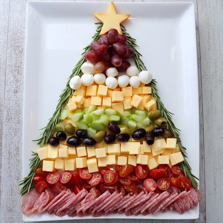 A beautifully arranged Christmas Tree Charcuterie Board with salami, grapes, and star cheese is ready to enjoy.
