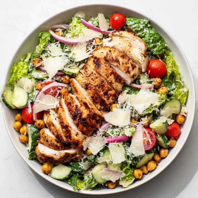 Fresh, vibrant ingredients compose this delicious Chicken Caesar Pasta-less Bowl with Parmesan cheese.