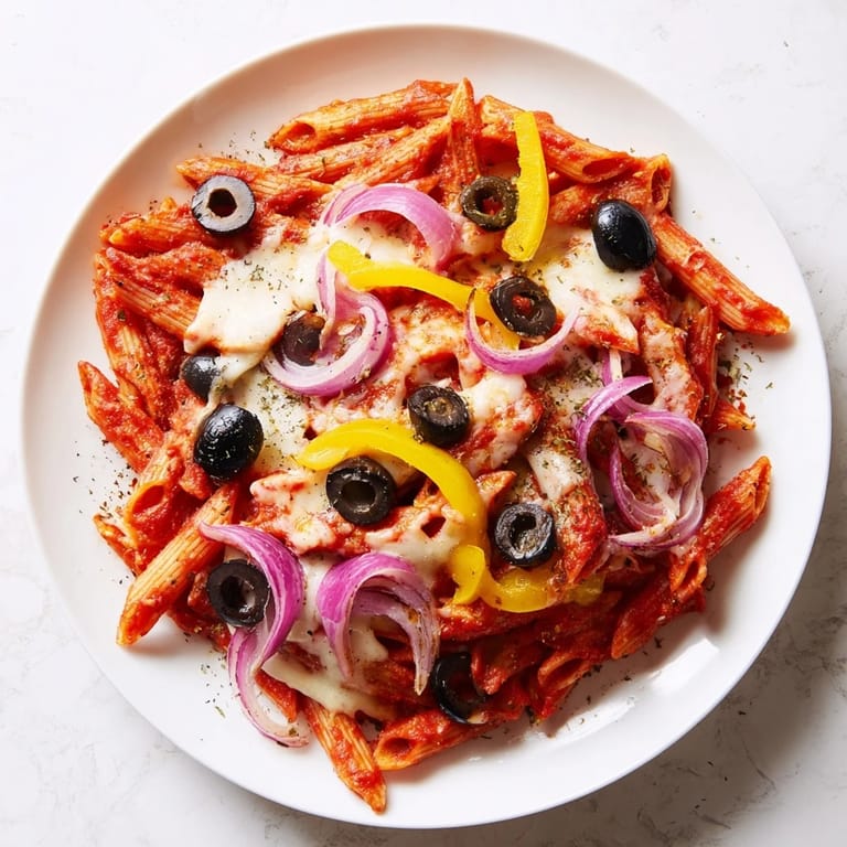 Quick and easy One-Pot Pizza Pasta Express: a single pot meal with melted cheese and delicious toppings.