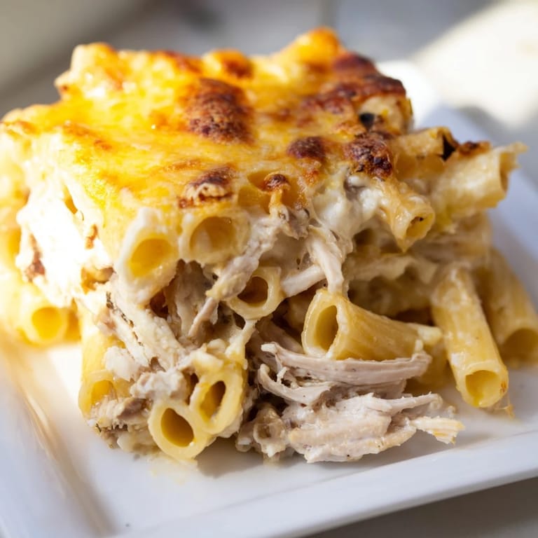 A close-up of a bubbling Moist Maker Pasta Casserole, a baked pasta dish with a rich, savory gravy.