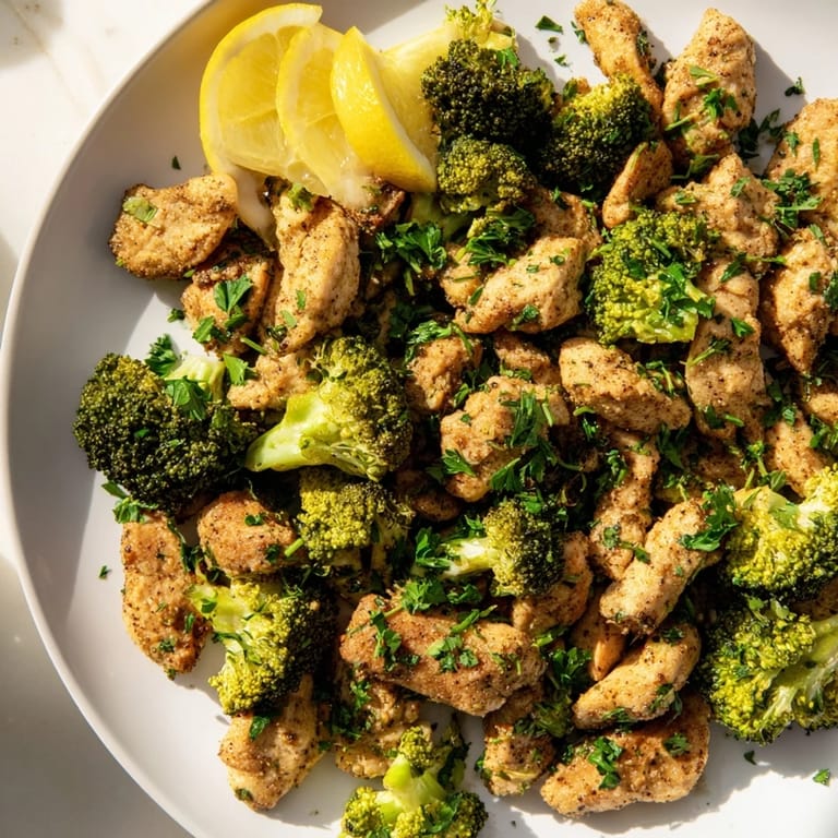 Freshly steamed chicken and broccoli in the microwave, ready to be garnished and served for lunch.