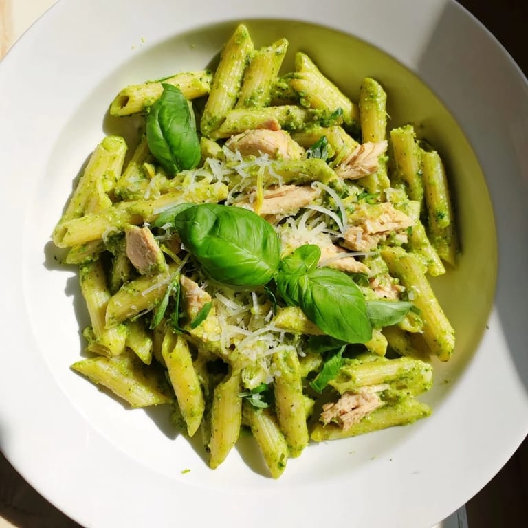 Tender shredded chicken blends with pesto in this quick 10-Minute Pesto Pasta, ready in minutes.