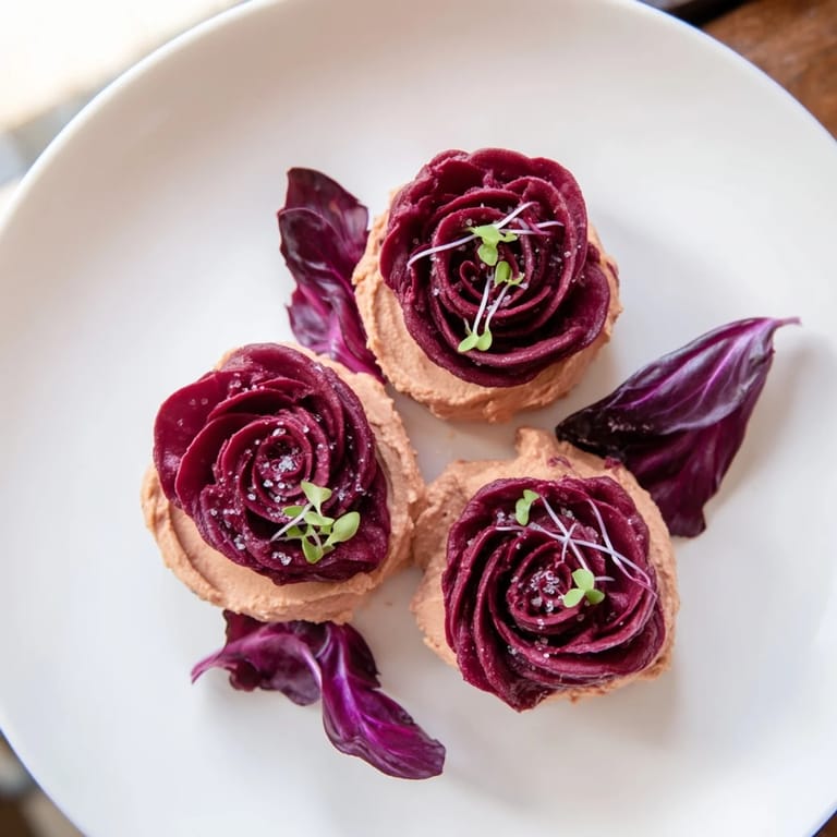 Vibrant The Velvet Rose offers earthy beet hummus swirled into elegant rose shapes, ready to serve vegan guests.