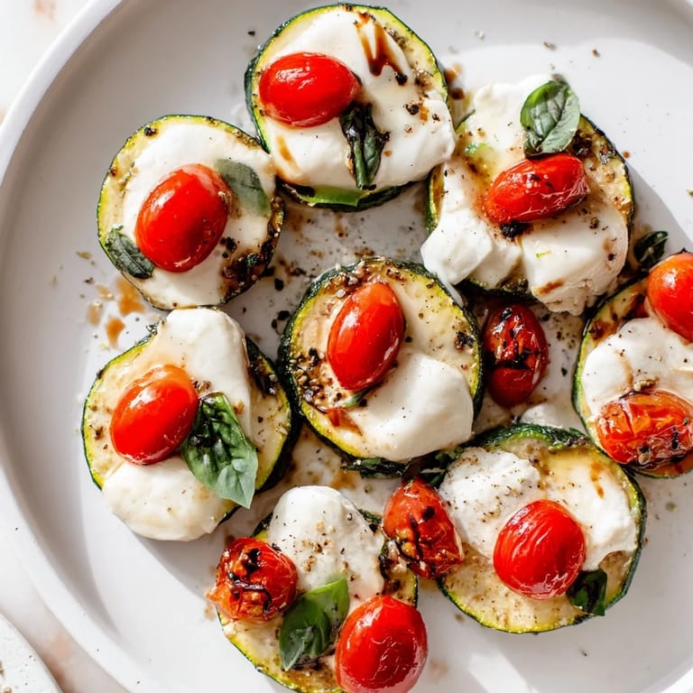 Savory Zucchini Caprese Bites topped with juicy tomatoes and fresh basil, ready to enjoy.