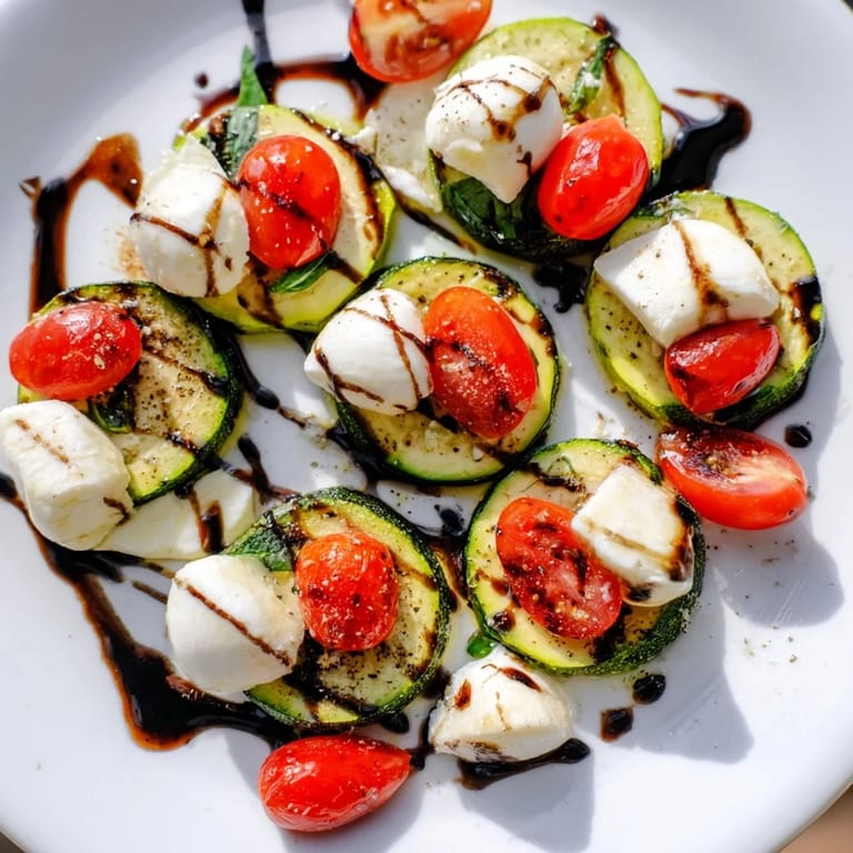 Delectable Zucchini Caprese Bites, a colorful vegetarian appetizer, drizzled with sweet balsamic glaze.