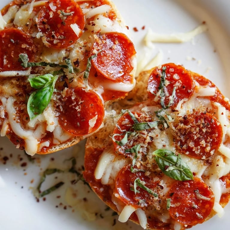 Golden-brown mini pepperoni pizza bagels with crispy pepperoni, perfect snack or appetizer.