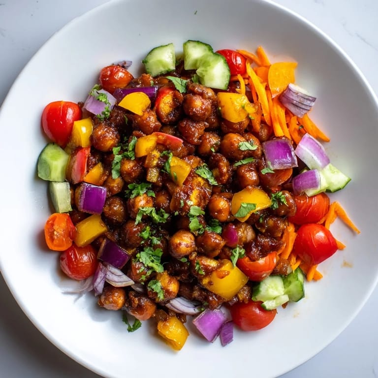 A colorful bowl of BBQ chickpea salad, showcasing tender chickpeas and fresh, diced vegetables.