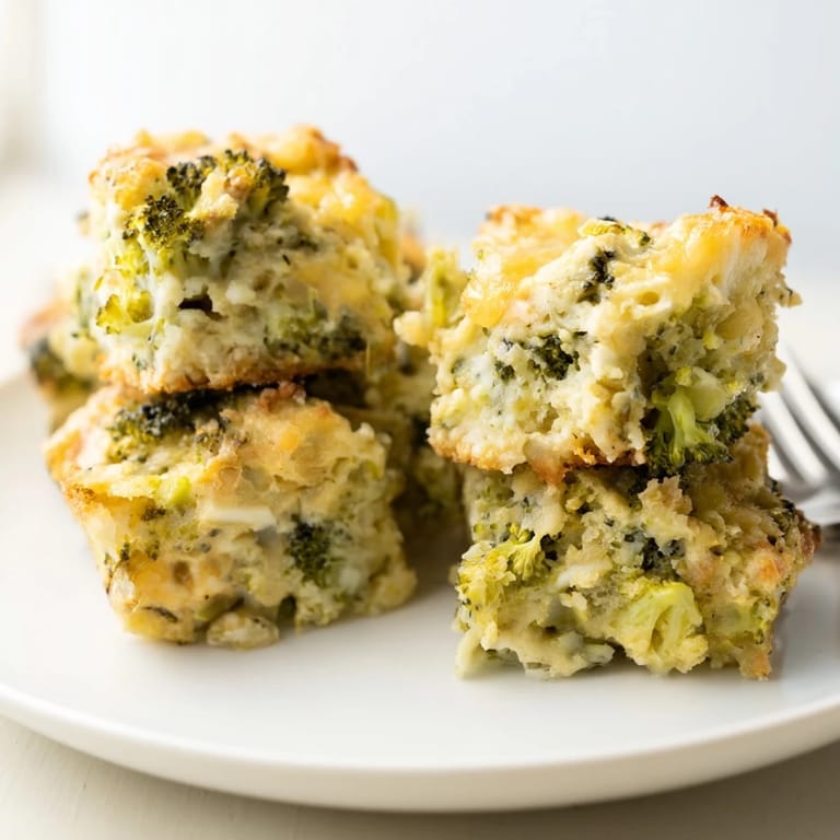 Close-up of savory Cheesy Broccoli Casserole Bites, complete with melted cheese and tender broccoli florets.