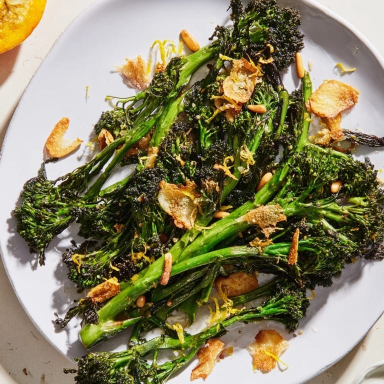 A flavorful plate of Charred Broccolini Salad with a drizzle of lemon juice, ready to be enjoyed.
