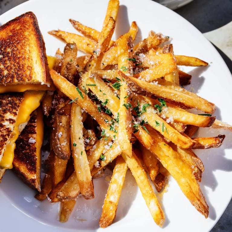 Indulge in crispy beef tallow fries beside a perfectly toasted grilled cheese sandwich for lunch.