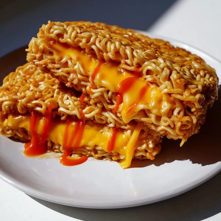 Warm, cheesy filling spilling from a perfectly toasted Instant Ramen Grilled Cheese ready to be devoured.