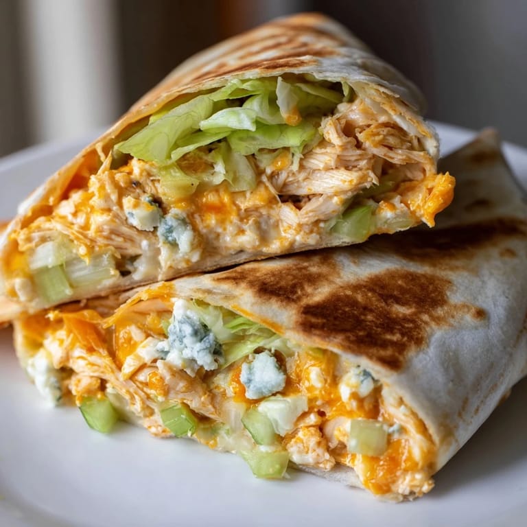 The delicious filling spills from a Buffalo Chicken Dip Wrap showcasing chicken, cheese, and crunchy veggies.