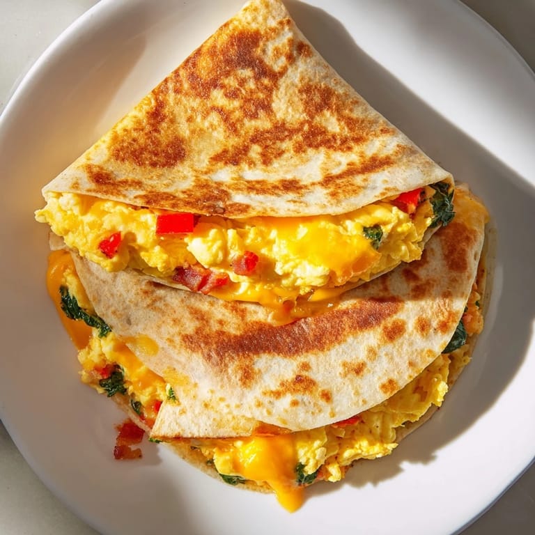 A quick and easy Breakfast Quesadilla Hack with perfectly folded, golden tortilla and scrambled eggs.