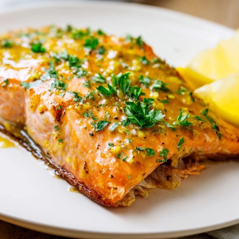 Baked Honey Mustard Salmon fillets, showcasing a beautiful golden crust from the oven, ready for dinner.