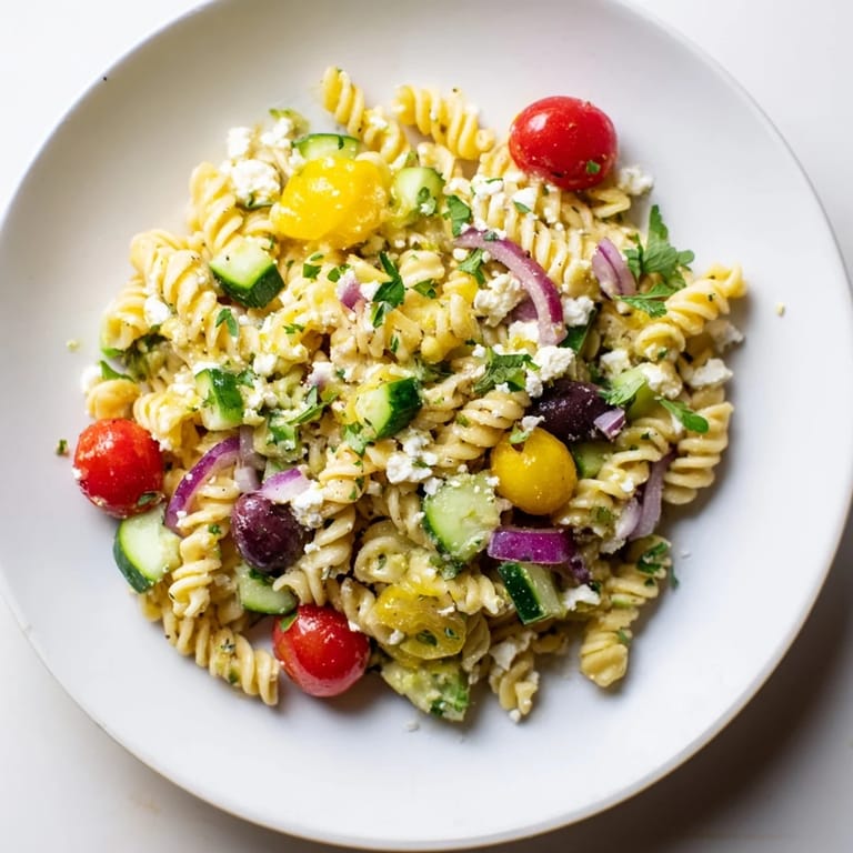 Bright image showcasing fresh, chilled Lemon Pasta Salad, the perfect side dish for a picnic.