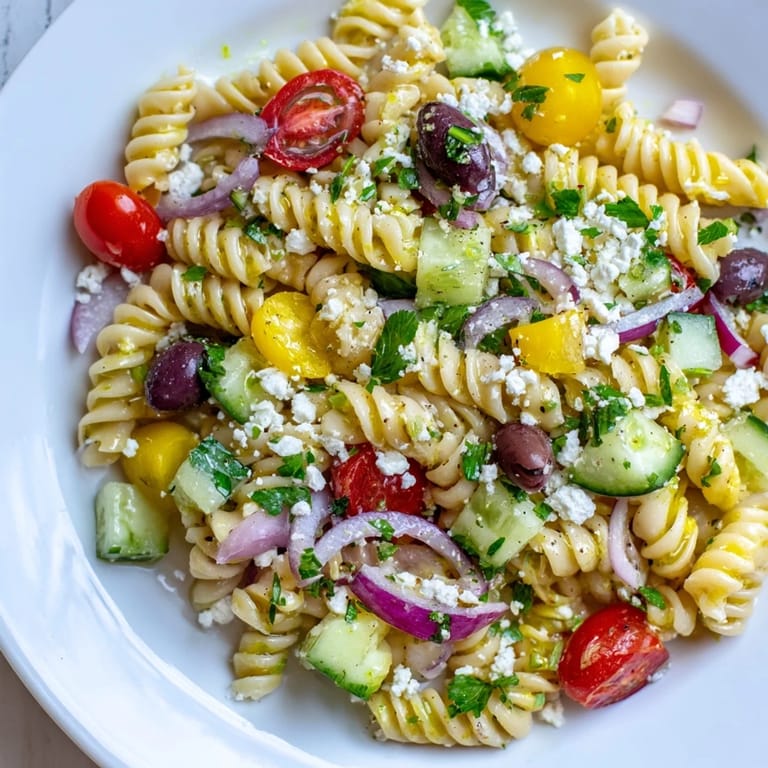 Delicious, colorful Lemon Pasta Salad, full of crisp veggies and a tangy lemon dressing.