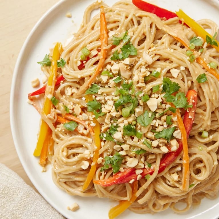 Cool Spicy Peanut Noodles with vibrant veggies and a sprinkle of peanuts, served with lime wedges.