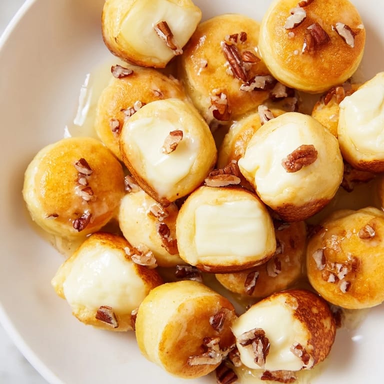 Warm, appetizing Pancake Brie Bites: sweet pancake batter enclosing gooey brie cheese for a snack.
