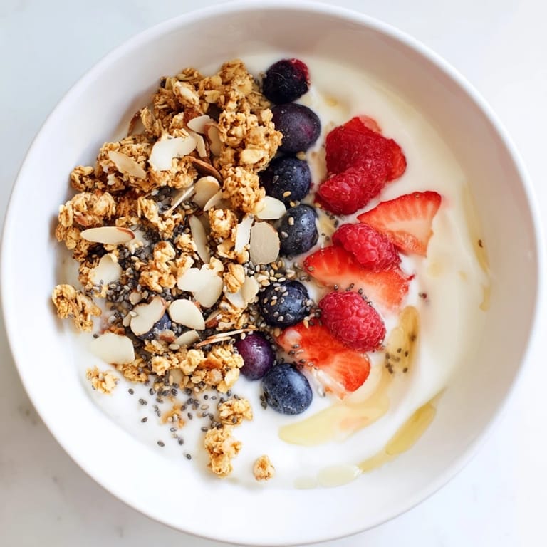 Enjoy a visually appealing dry yogurt bowl, layered with yogurt, granola, berries, and a satisfying, protein-packed mix.